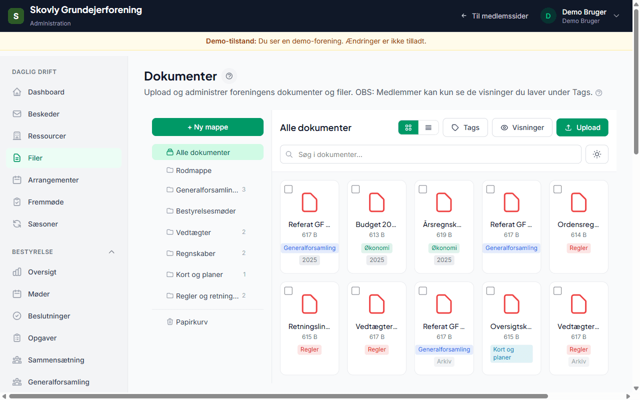 Dokumenthåndtering - screenshot fra Foreningsstyring