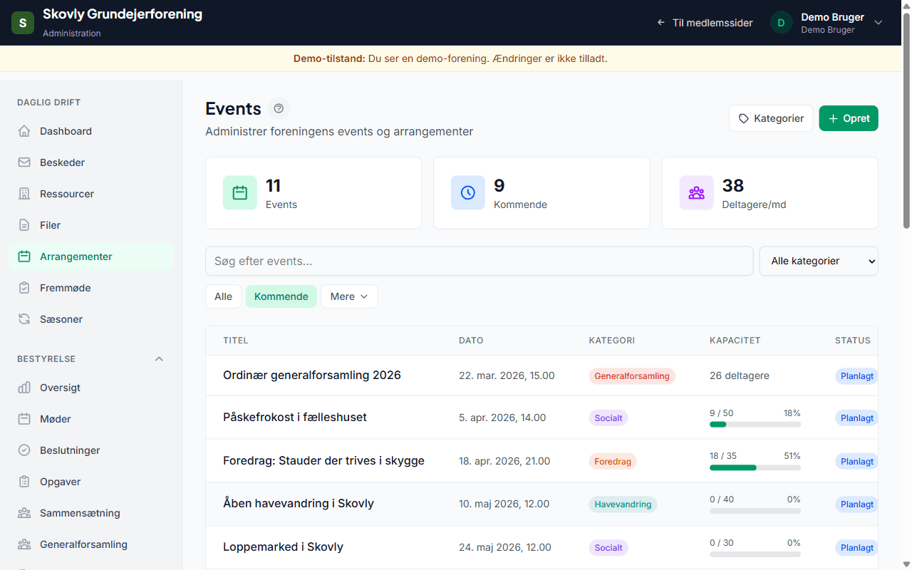 Gratis billetsalg - screenshot fra Foreningsstyring